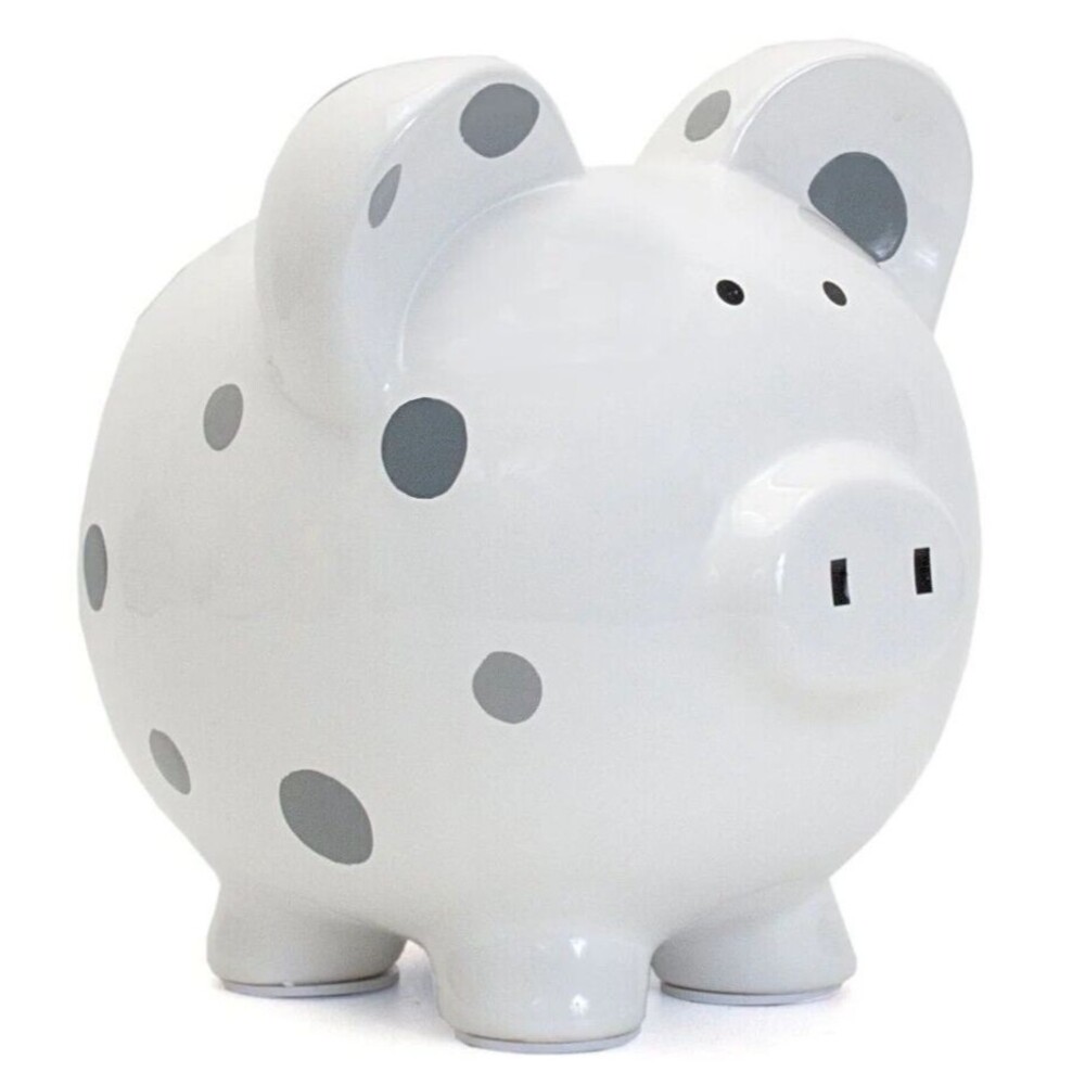 CHILD TO CHERISH Ceramic Multi-Dot Piggy Bank - White w Gray Grey Polka Dots 7"